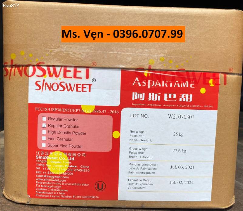Chất tạo ngọt Aspartame (E951) SinoSweet China - Phụ gia tạo ngọt tổng hợp, đường thay thế