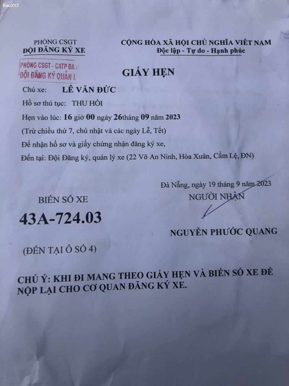 Dịch vụ hồ sơ xe ô tô Đà Nẵng