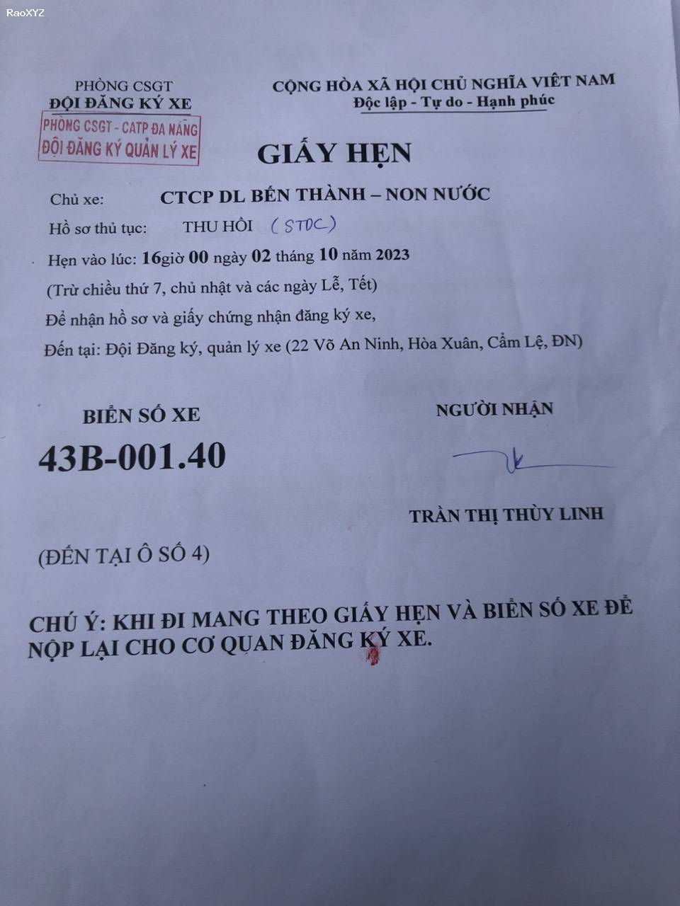 Dịch vụ hồ sơ xe ô tô Đà Nẵng