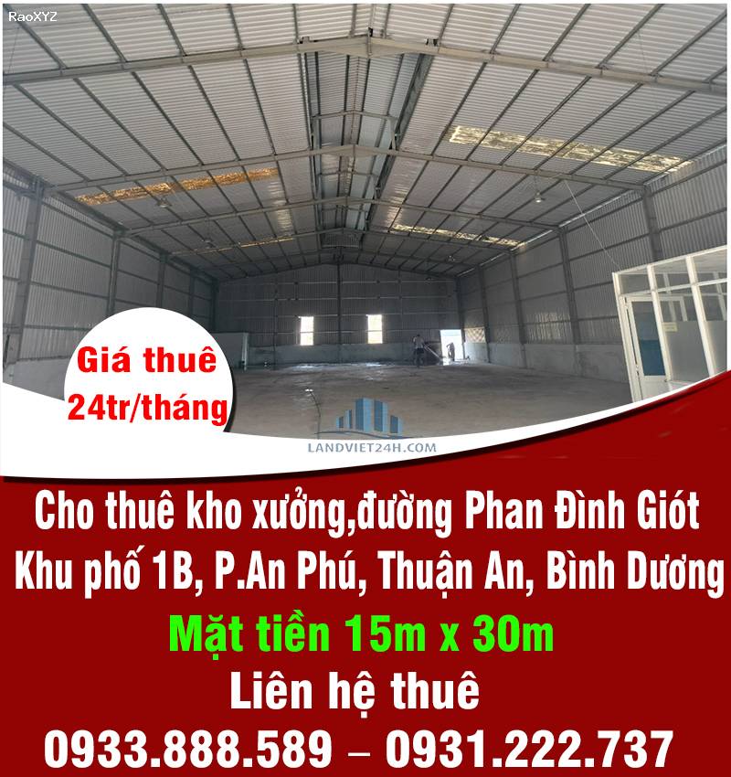 CHO THUÊ 450m2 KHO XƯỞNG,đường Phan Đình Giót, Khu phố 1B, Phường An Phú, Thuận An