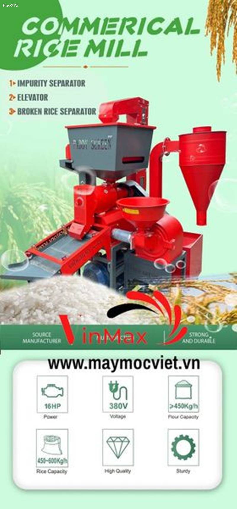Máy xát gạo liên hoàn có đầu nghiền hút thóc Vinmax VMXN600