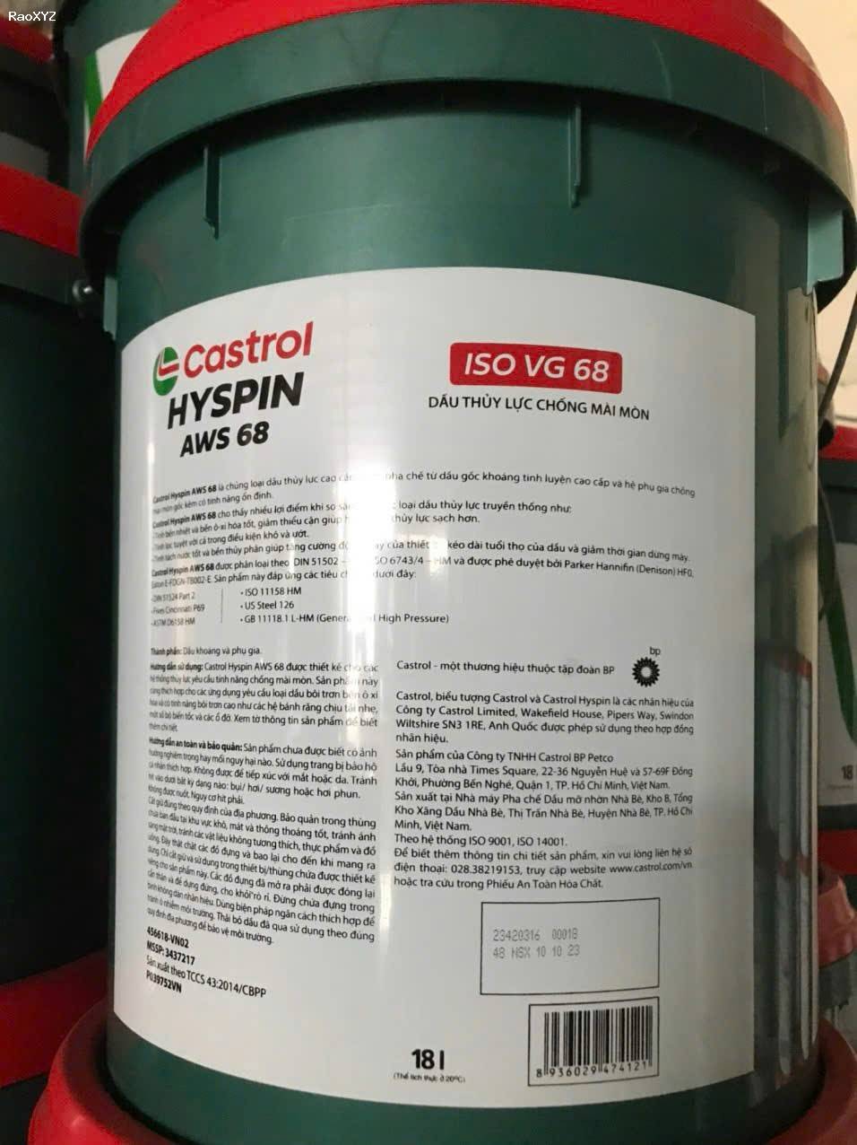 Đại lý mua bán dầu nhớt thủy lực Castrol Hyspin AWS 68 chính hãng, giao hàng tận nơi tại Bình Chánh, TPHCM.