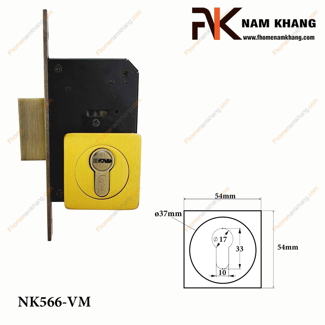 Khóa âm cửa mở bằng đồng cao cấp màu vàng mờ NK566-VM | F-Home NamKhang