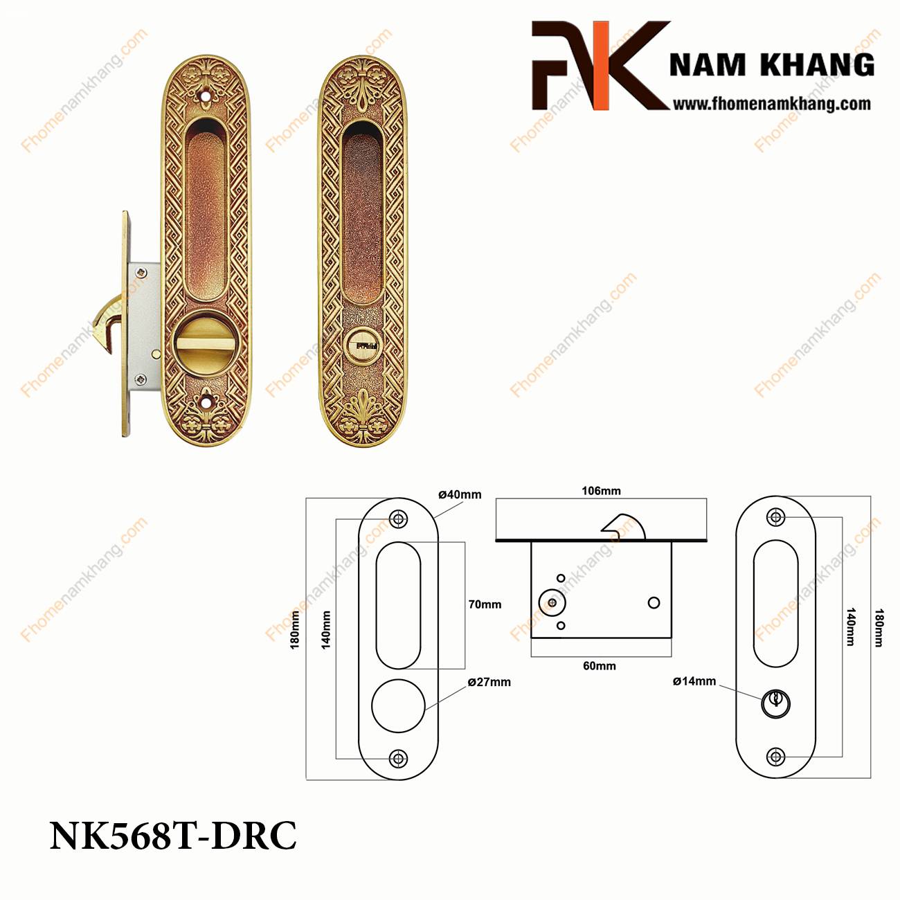 Khóa âm cửa lùa cổ điển bằng đồng cao cấp NK568T-DRC | F-Home NamKhang