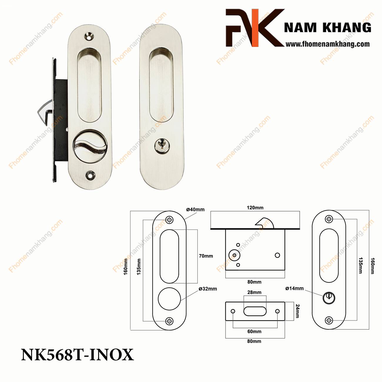 Khóa âm cửa lùa cao cấp màu inox xước NK568T-INOX | F-Home NamKhang