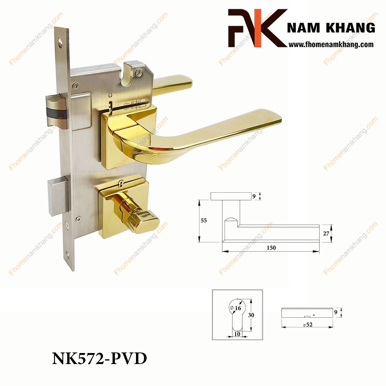 Khóa cửa phân thể dạng ốp vuông màu vàng bóng NK572-PVD | F-Home NamKhang