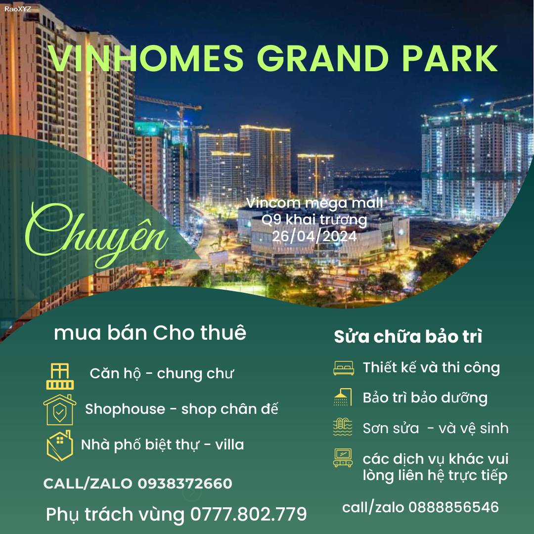 Cho Thuê VINHOMES GRAND PARK - NGÔI NHÀ PHỐ SANG TRỌNG